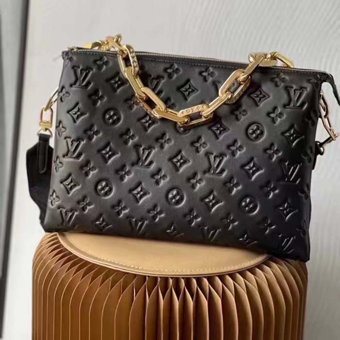 Louis Vuitton LV Women Coussin MM Handbag Black Monogram Embossed Puffy Lambskin