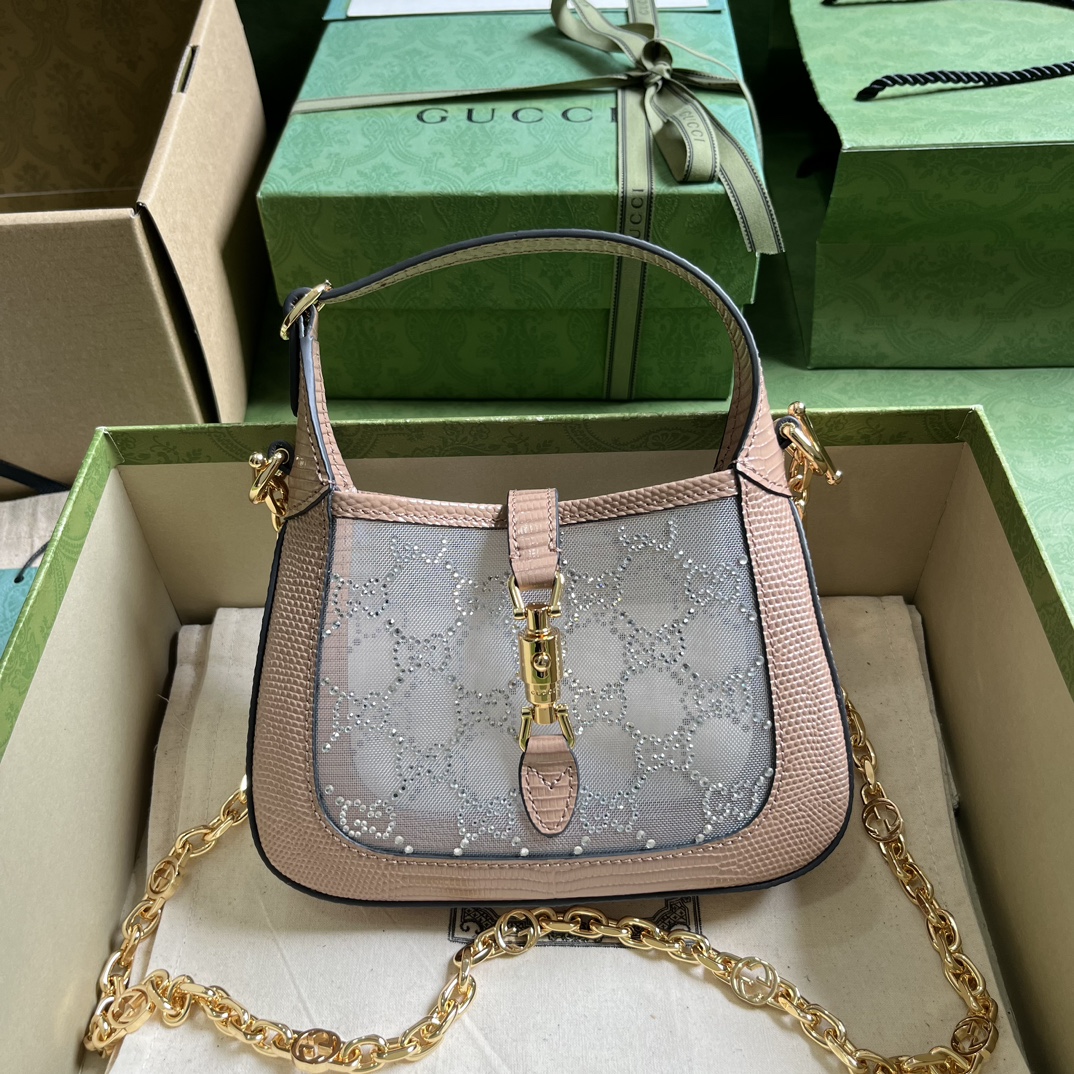 Gucci Women GG Jackie 1961 Mini Crystal GG Lizard Bag Powder Pink Mesh
