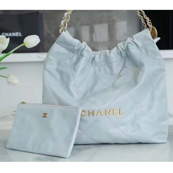 Chanel Women CC 22 Handbag Shiny Calfskin & Gold-Tone Metal Light Blue