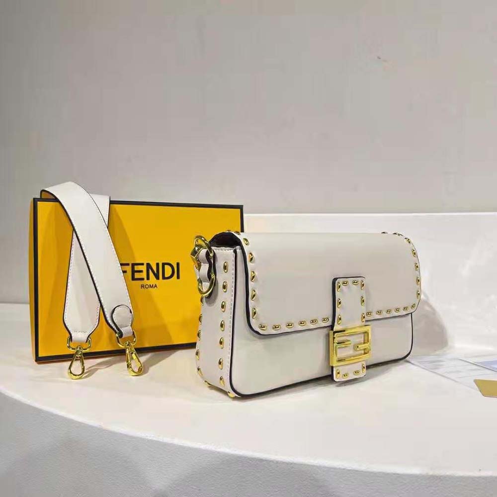 Fendi Women Conic Medium Baguette White Leather Bag