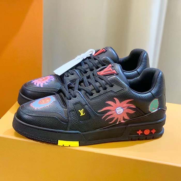 Louis Vuitton Unisex LV x YK LV Trainer Sneaker Black Printed Grained Calf Leather Monogram Flowers