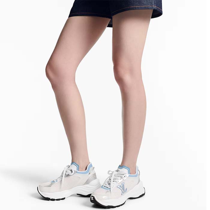 Louis Vuitton LV Unisex Run 55 Sneaker Denim Blue Mix Materials Lifted Rubber Outsole