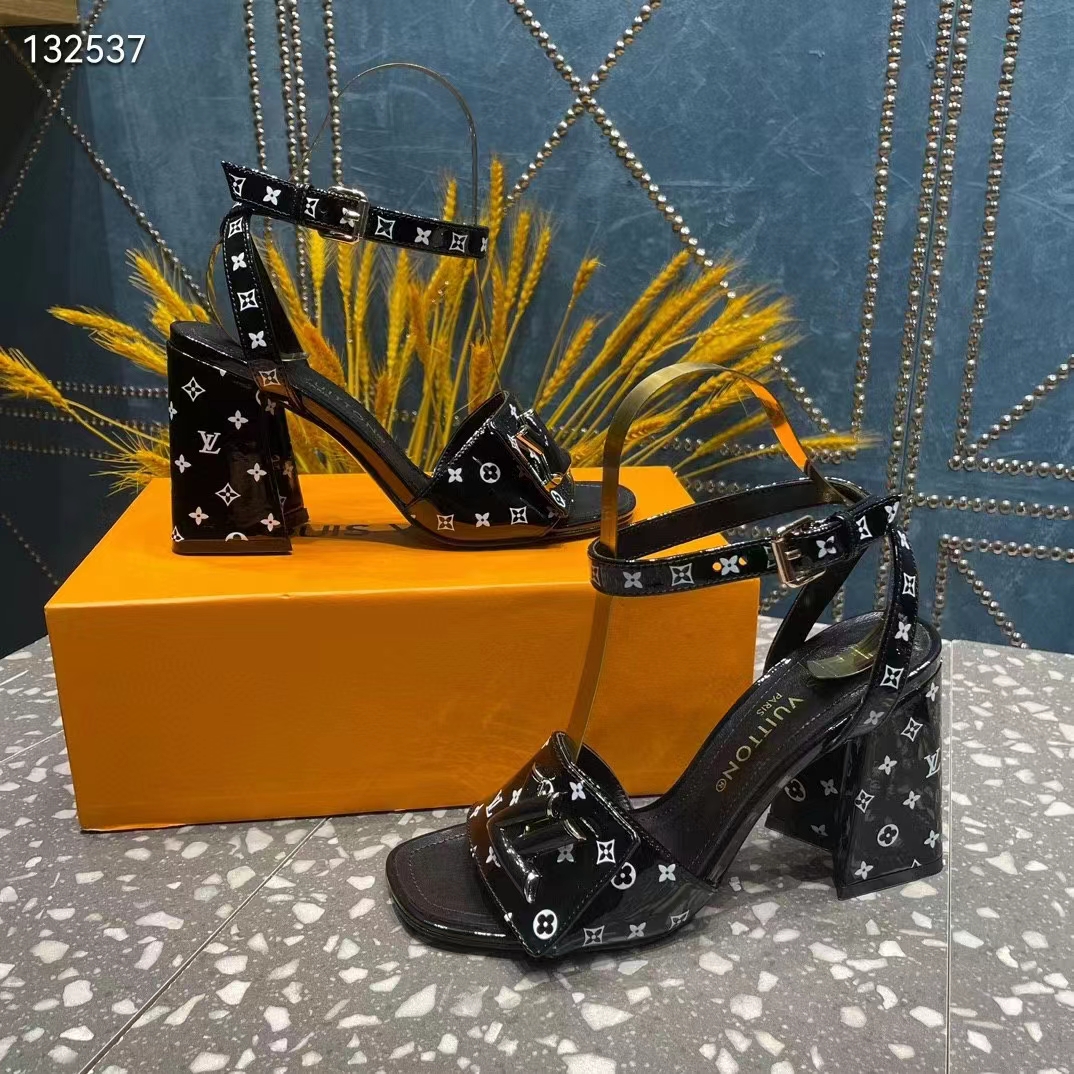 Louis Vuitton Women LV Shake Sandal Black White Printed Patent Calf Leather 9.5 CM Heel