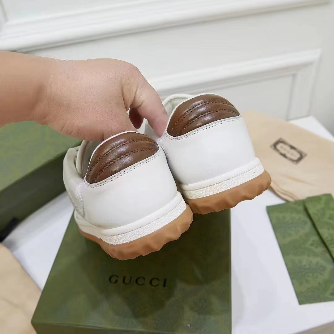 Gucci Unisex GG MAC80 Sneaker Off White Brown Leather Round Toe Rubber Flat