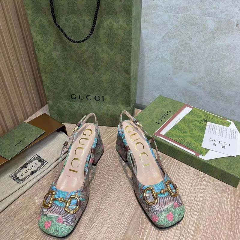 Gucci Women GG Tiger Mid-Heel Slingback Tiger Flower Beige Ebony Supreme Canvas