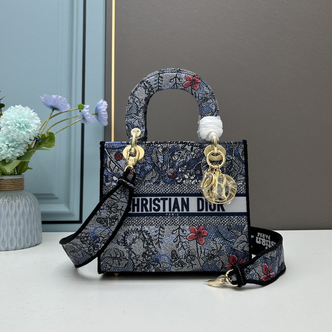 Dior Women CD Medium Lady D-Lite Bag Denim Multicolor Dior Jardin Magique Embroidery
