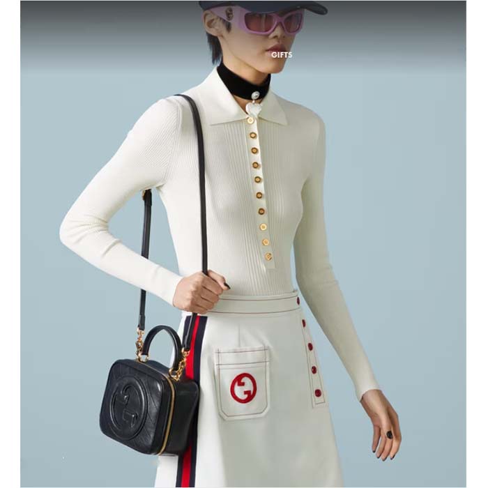 Gucci Women GG Blondie Top Handle Bag Black Leather Round Interlocking G