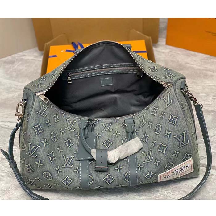 Louis Vuitton Unisex LV Keepall Bandoulière 50 Travel Bag Monogram Washed Denim Coated Canvas