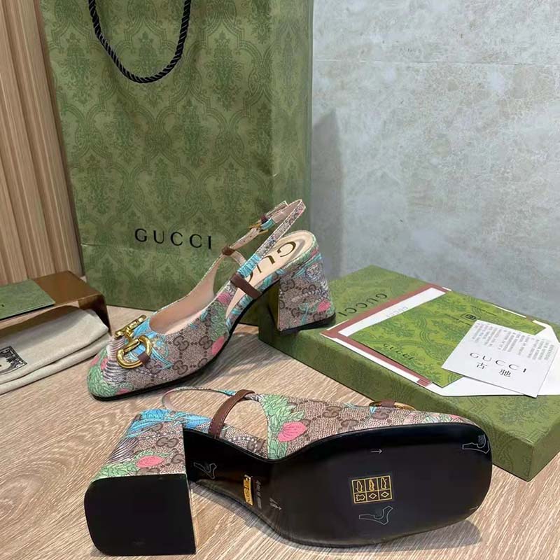 Gucci Women GG Tiger Mid-Heel Slingback Tiger Flower Beige Ebony Supreme Canvas