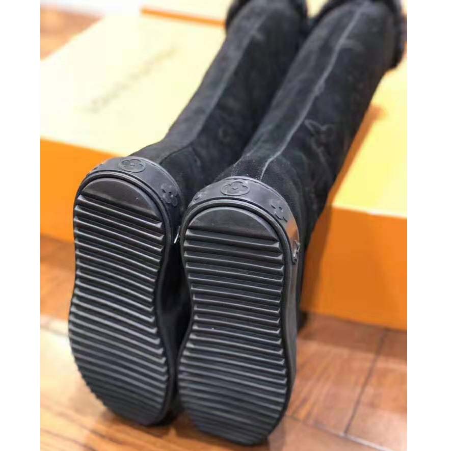 Louis Vuitton LV Women Breezy Half Boot in Black Suede Calf Leather with Monogram Canvas-Black