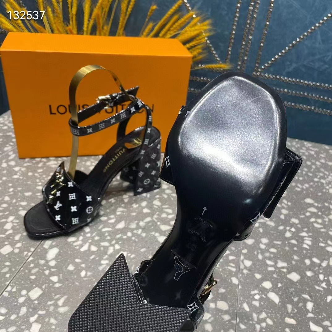 Louis Vuitton Women LV Shake Sandal Black White Printed Patent Calf Leather 9.5 CM Heel