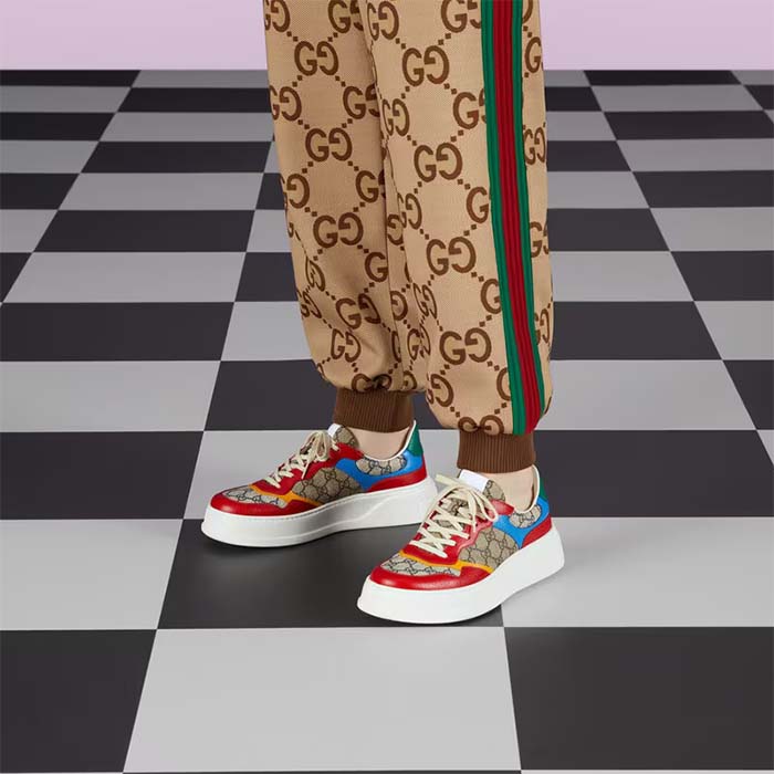 Gucci Unisex Sneaker Beige Blue GG Supreme Canvas Interlocking G 5.6 Cm Heel