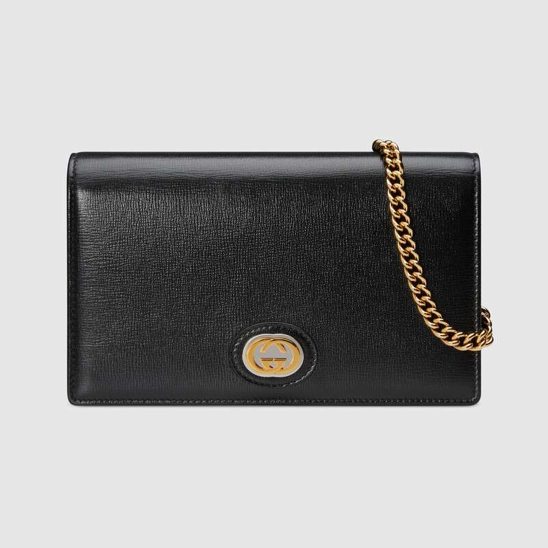 Gucci GG Women Leather Chain Card Case Wallet in Textured Leather