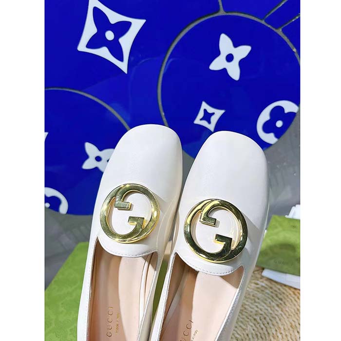 Gucci Women GG Blonde Ballet Flat White Round Interlocking G Leather