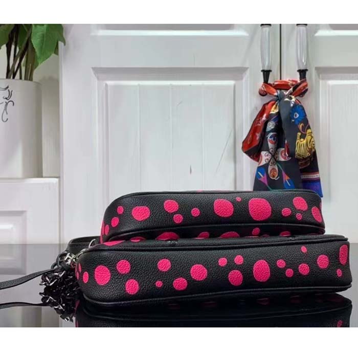 Louis Vuitton Women LV x YK Multi Pochette Accessoires Black Fuchsia Embossed Grained Monogram Empreinte Cowhide