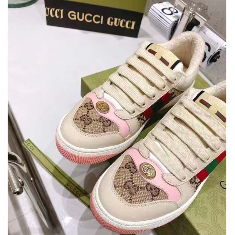 Gucci Unisex Screener Sneaker Crystals Beige Ebony GG Canvas 3.6 cm Heel
