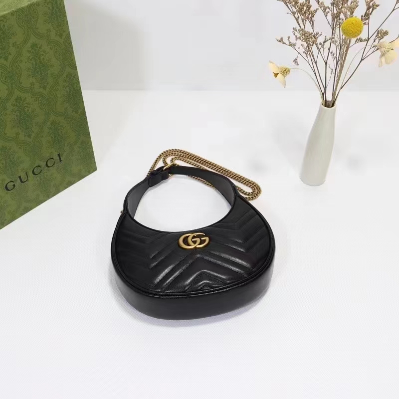 Gucci Women GG Marmont Half-Moon-Shaped Mini Bag Black Matelassé Chevron