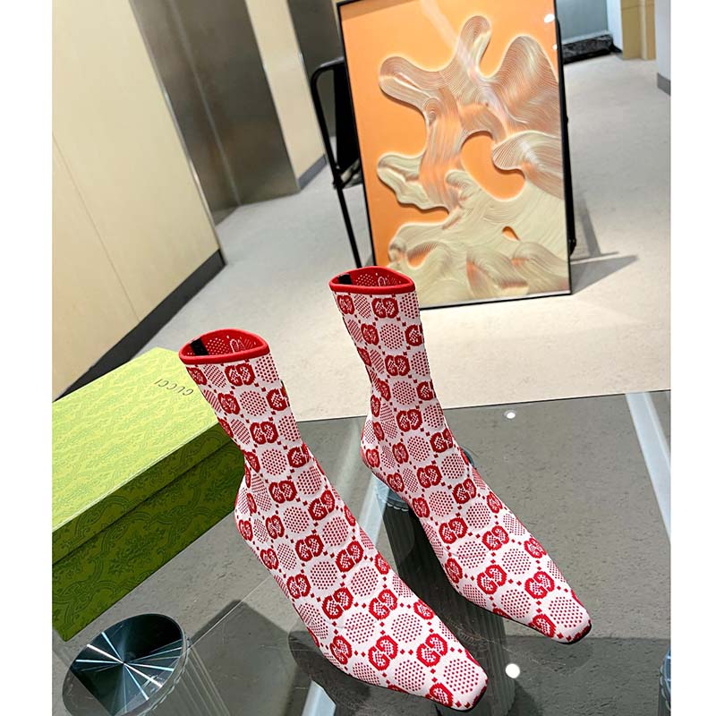 Gucci Women GG Knit Ankle Boots Pink Red GG Technical Fabric Leather Mid-Heel