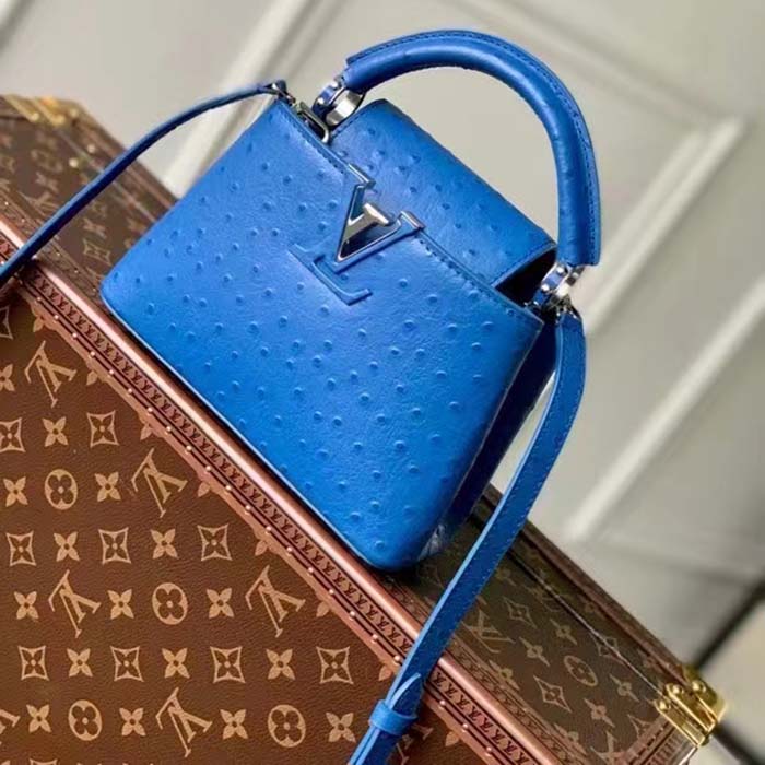 Louis Vuitton LV Women Capucines Mini Menthe Blue Goatskin Ostrich Leather Monogram Flower
