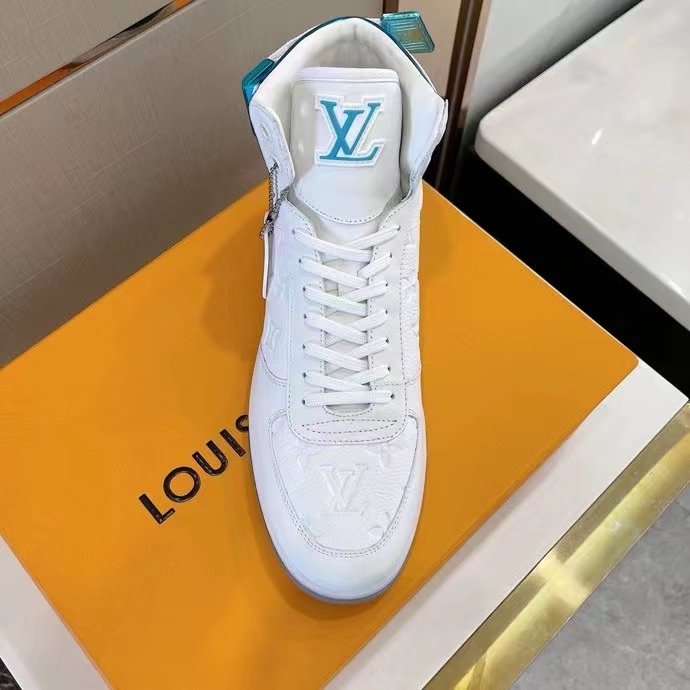 Louis Vuitton LV Unisex Rivoli Sneaker Boot Blue White Calf Leather Monogram Canvas
