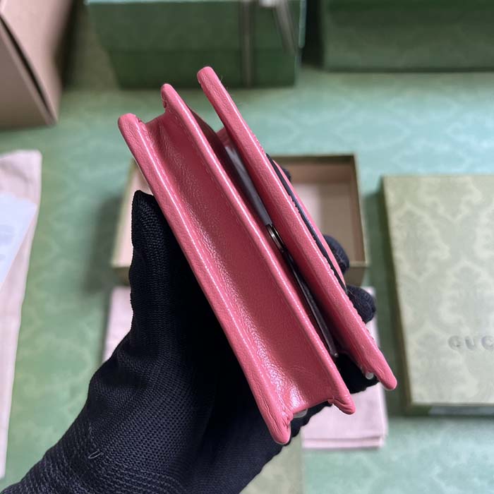 Gucci GG Unisex Blondie Card Case Wallet Pink Leather Taffeta Lining Round Interlocking G