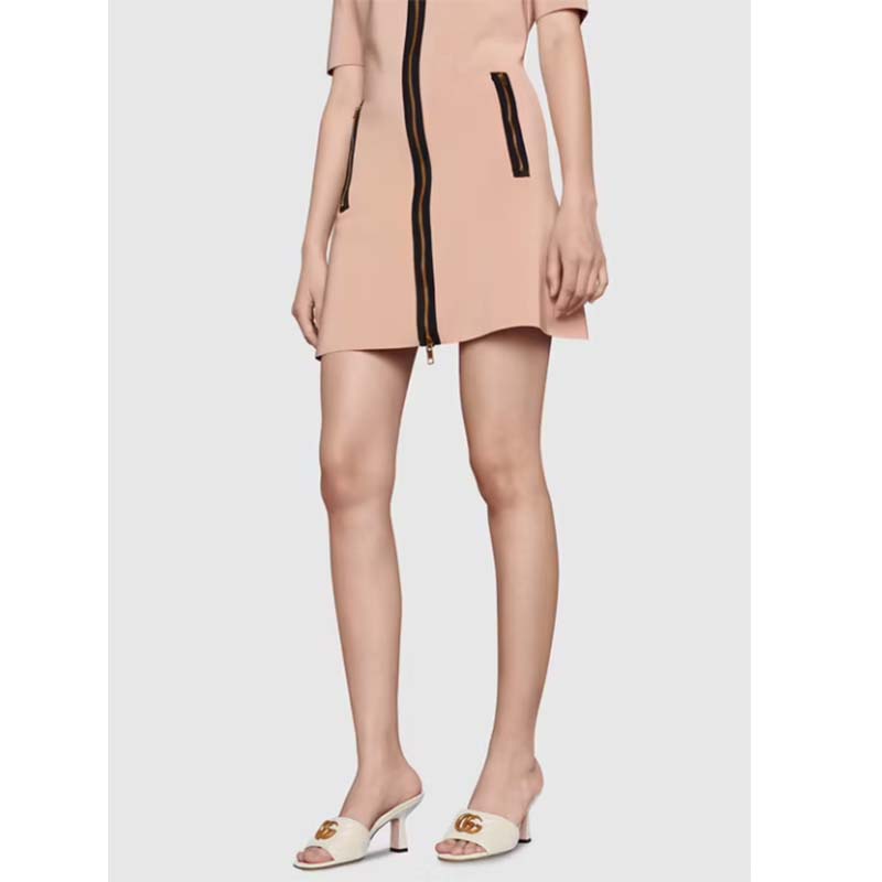 Gucci Women GG Double G Slide Sandal White Chevron Matelassé Leather 7.6 cm Heel