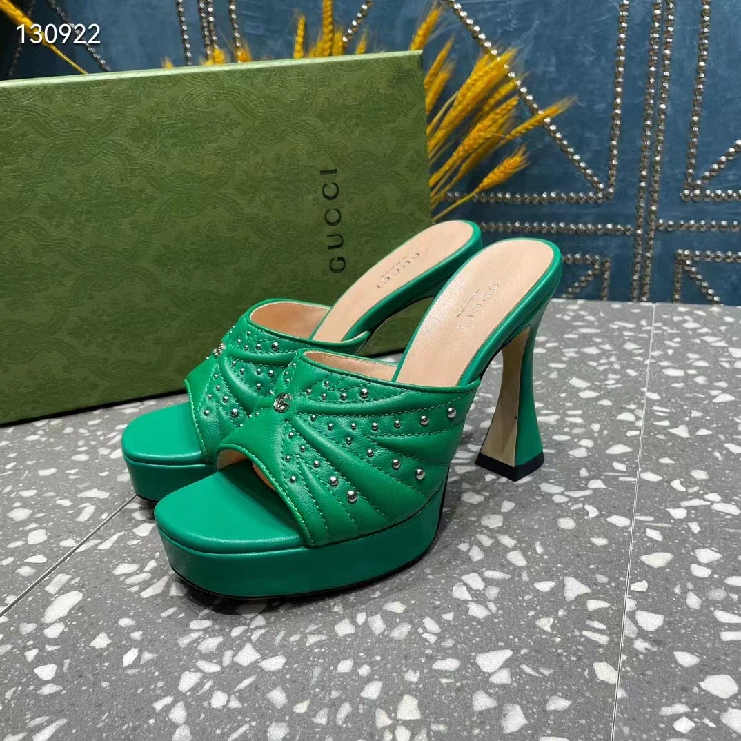 Gucci Women Heeled Slide Sandals Green Leather Studs Spool High 15 Cm Heel