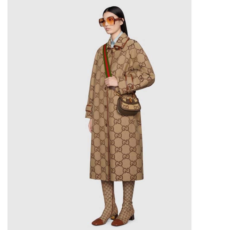 Gucci Women Bamboo 1947 Jumbo GG Mini Bag Brown Camel Ebony Canvas