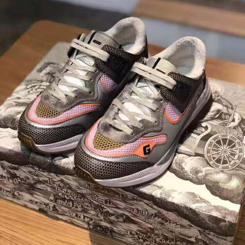 Gucci Unisex Ultrapace Sneaker with Embroidered Gucci and Interlocking G in Metallic Leather-Grey