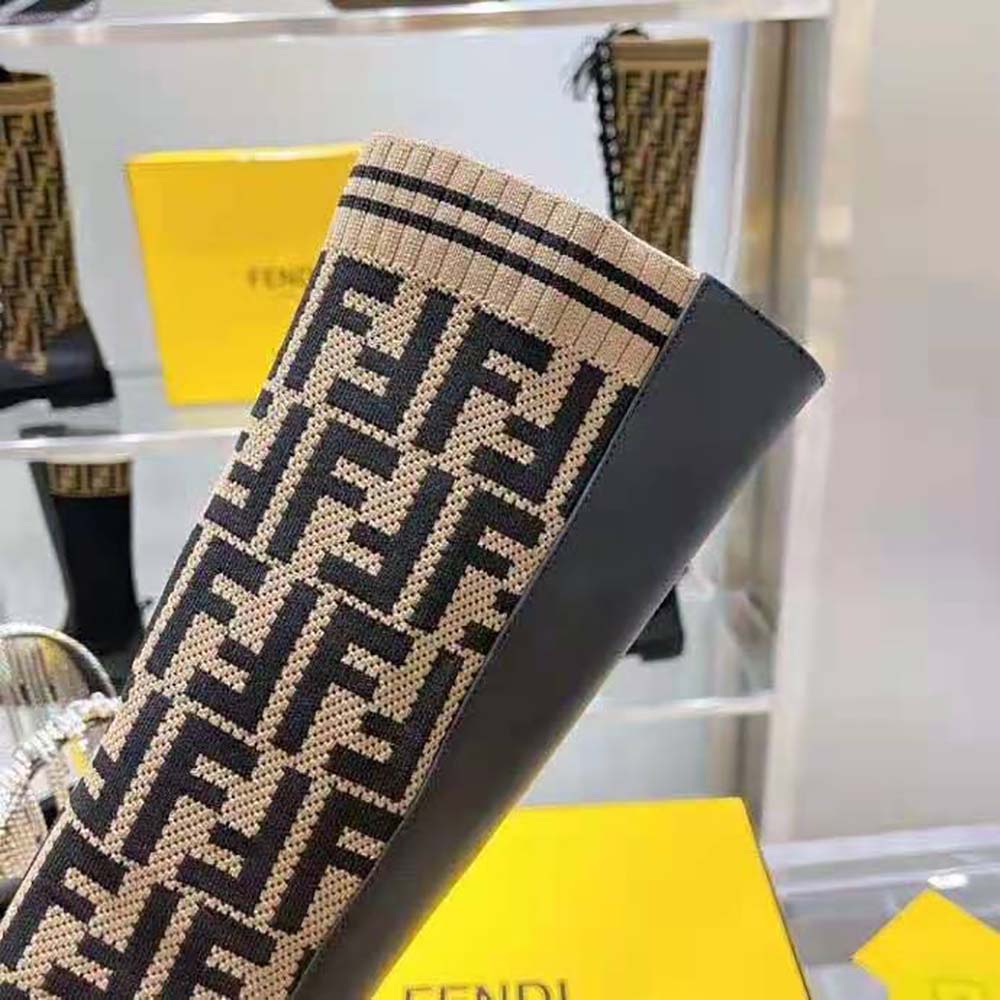 Fendi Women Rockoko Black Leather Ankle Boots with Stretch Fabric