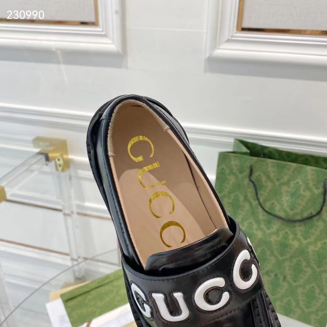 Gucci GG Women Gucci Loafer Black White Leather Scalloped Script Rubber Sole Mid-Heel