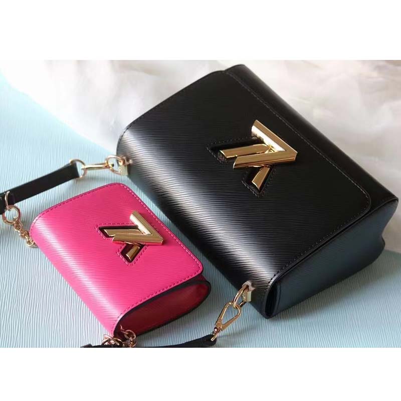 Louis Vuitton LV Women Twist MM Handbag Black Fuchsia Epi Grained Cowhide Leather