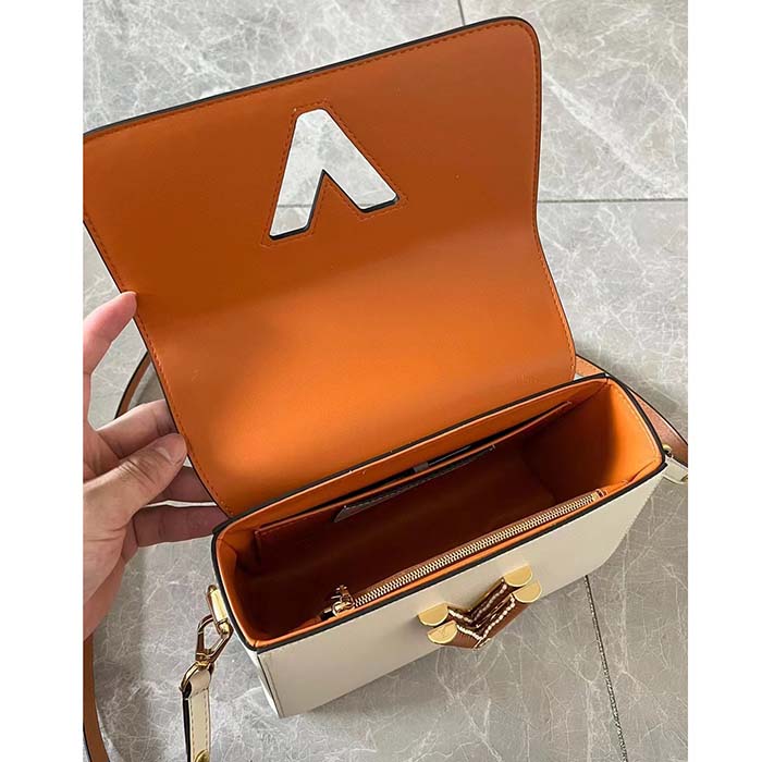 Louis Vuitton LV Women Twist MM Beige White Brown Grained Leather Cowhide
