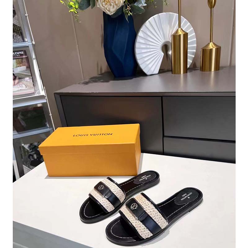 Louis Vuitton LV Women Lock It Flat Mule Black Raffia Calf Leather