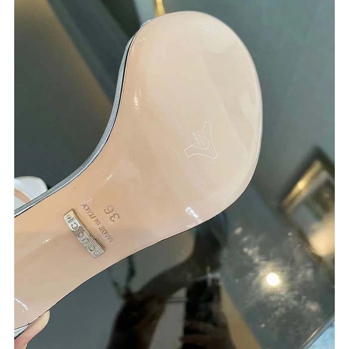 Gucci Women GG High Heeled Metallic Sandal Silver Leather Ankle Strap Metal Double G Buckle Crystals