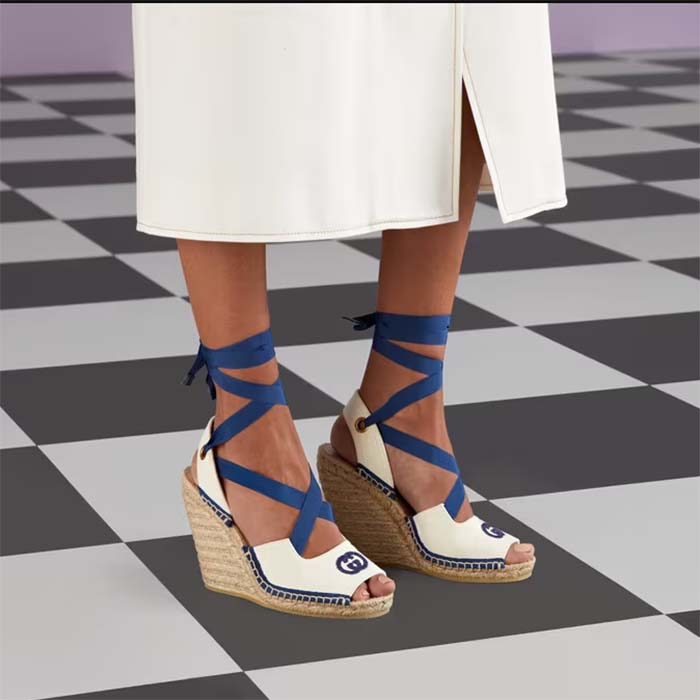 Gucci Women Espadrilles Ribbon Tie White Cotton Canvas Blue Interlocking G Embroidery
