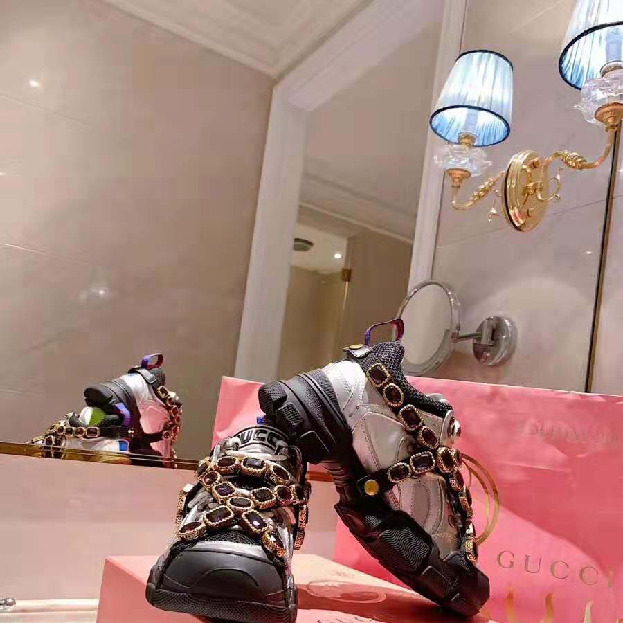 Gucci Women Flashtrek Sneaker with Removable Crystals 5.6cm Height-Silver