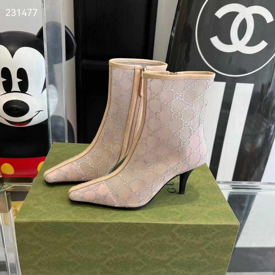 Gucci Women GG Mid-Heel Boot Rose Beige GG Crystal Mesh Leather Sole Pointed Toe