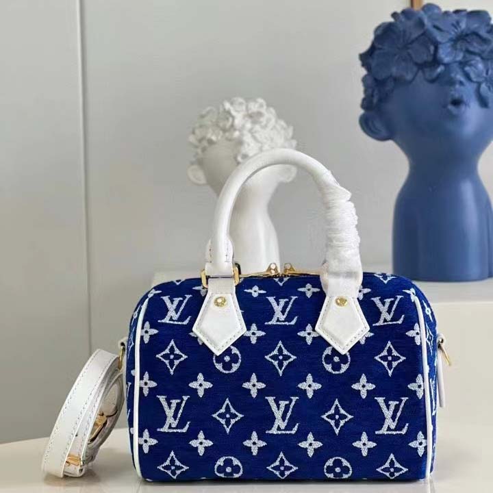 Louis Vuitton Women Speedy Bandouliere 20 Bag Blue Monogram Jacquard Velvet Cowhide