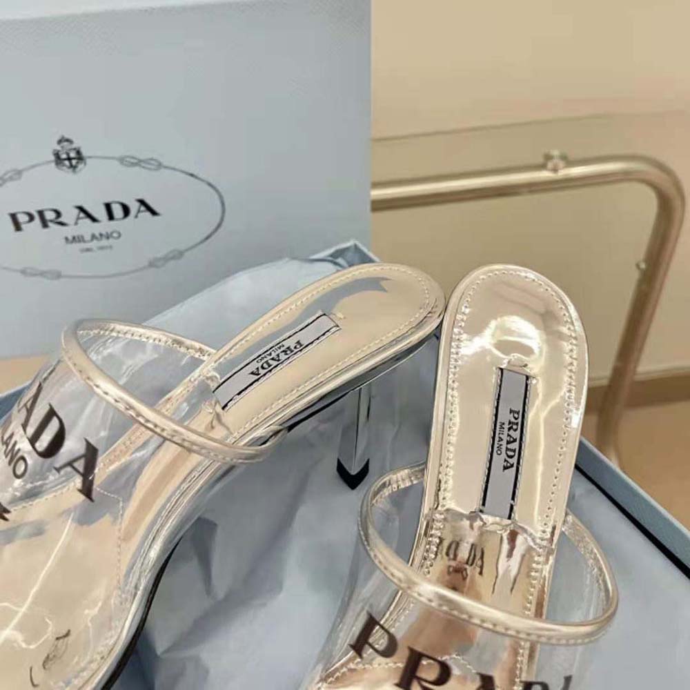 Prada Women Logo-print Plexiglas High-Heel Slides in 75mm Heel Height