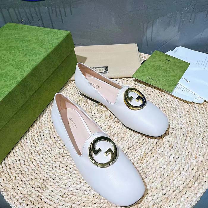 Gucci Women GG Blonde Ballet Flat White Round Interlocking G Leather