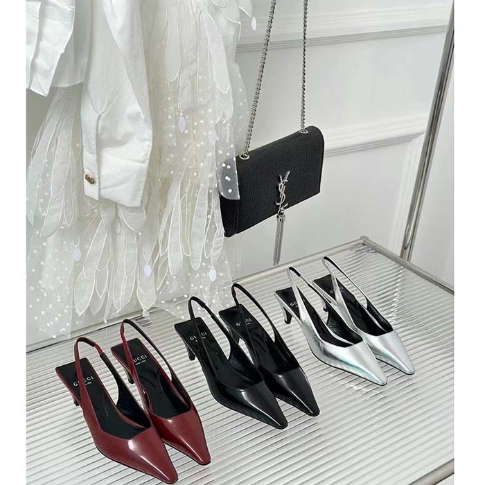 Gucci Women GG Slingback Pump Dark Red Leather Interlocking G Square Upper Mid-Heel