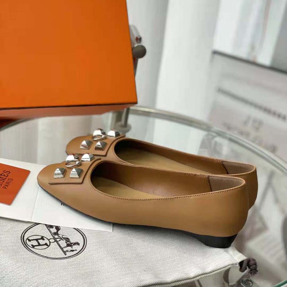 Hermes Women Danseuse Ballet Flat in Calfskin Leather-Brown