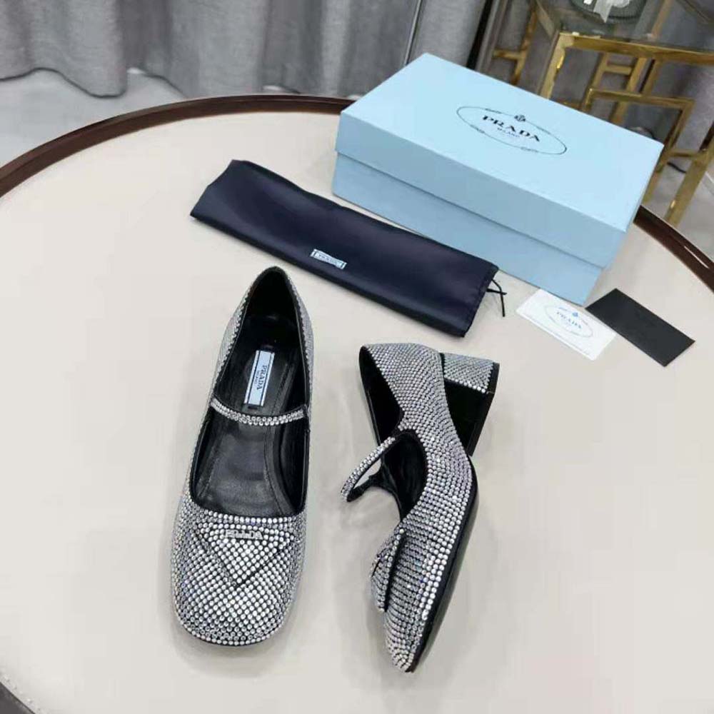 Prada Women Satin Pumps with Crystals in 45mm Heel Height-Silver