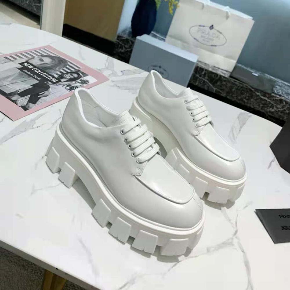 Prada Women Monolith Brushed Leather Lace-up Shoes-White