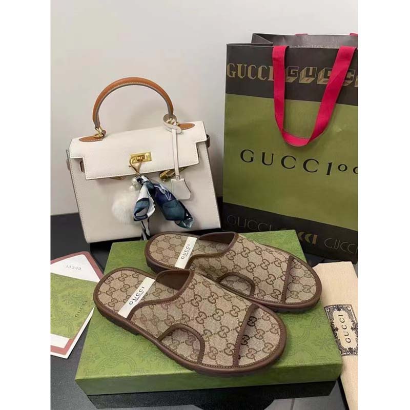 Gucci Unisex GG Supreme Slide Sandal Beige Ebony Canvas Rubber Flat 1 Cm Heel