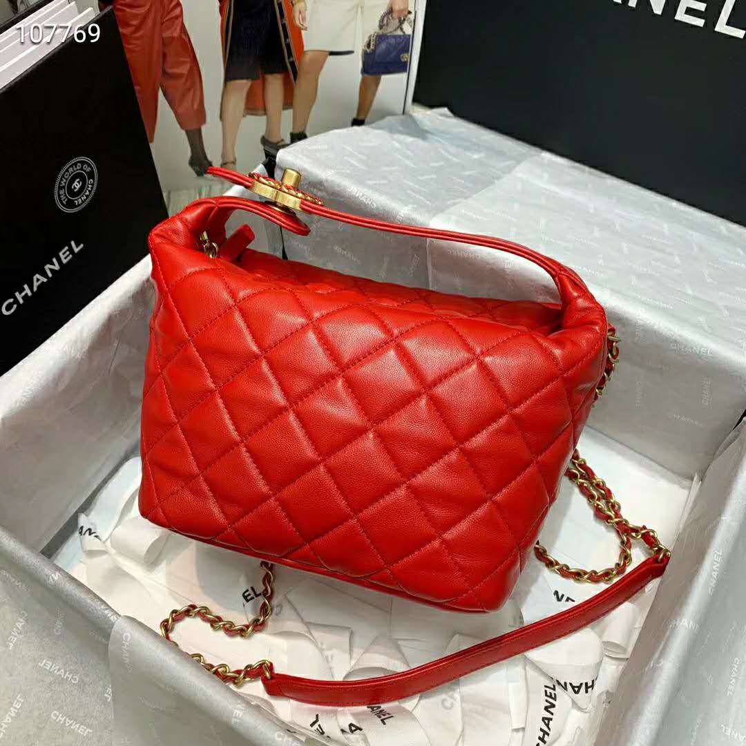 Chanel Women Hobo Bag in Lambskin Leather Gold Metal-Red