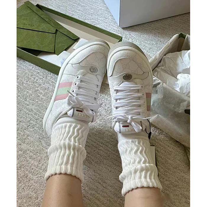 Gucci Unisex Screener Sneaker White GG Supreme Canvas Rubber Sole Lace-Up Low Heel
