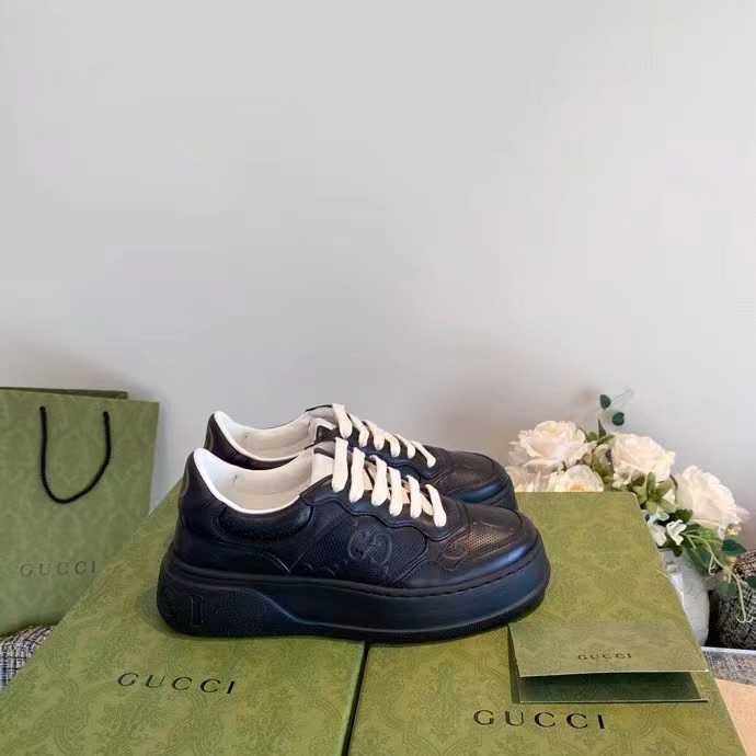 Gucci Unisex Ace GG Embossed Sneaker Black GG Embossed Leather Rubber Sole