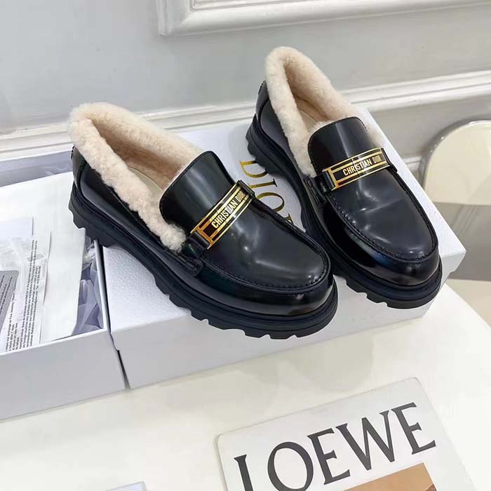 Dior Women Shoes CD Dior Code Loafer Black Brushed Calfskin White Shearling